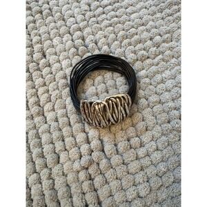 Black Multi-Strand Leather Cord Wrap Bracelet‎ Silver Tone Magnetic Clasp Boho